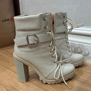 BCBG Cream Lace-Up Buckle High-Heel Ankle Boots